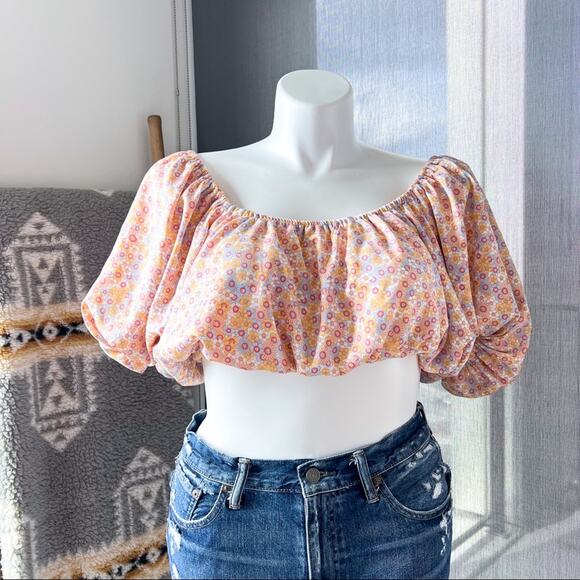 ZARA Printed Satin Effect Puff-Sleeve Off-The-Shoulder Crop Top Women’s Medium - Picture 2 of 10